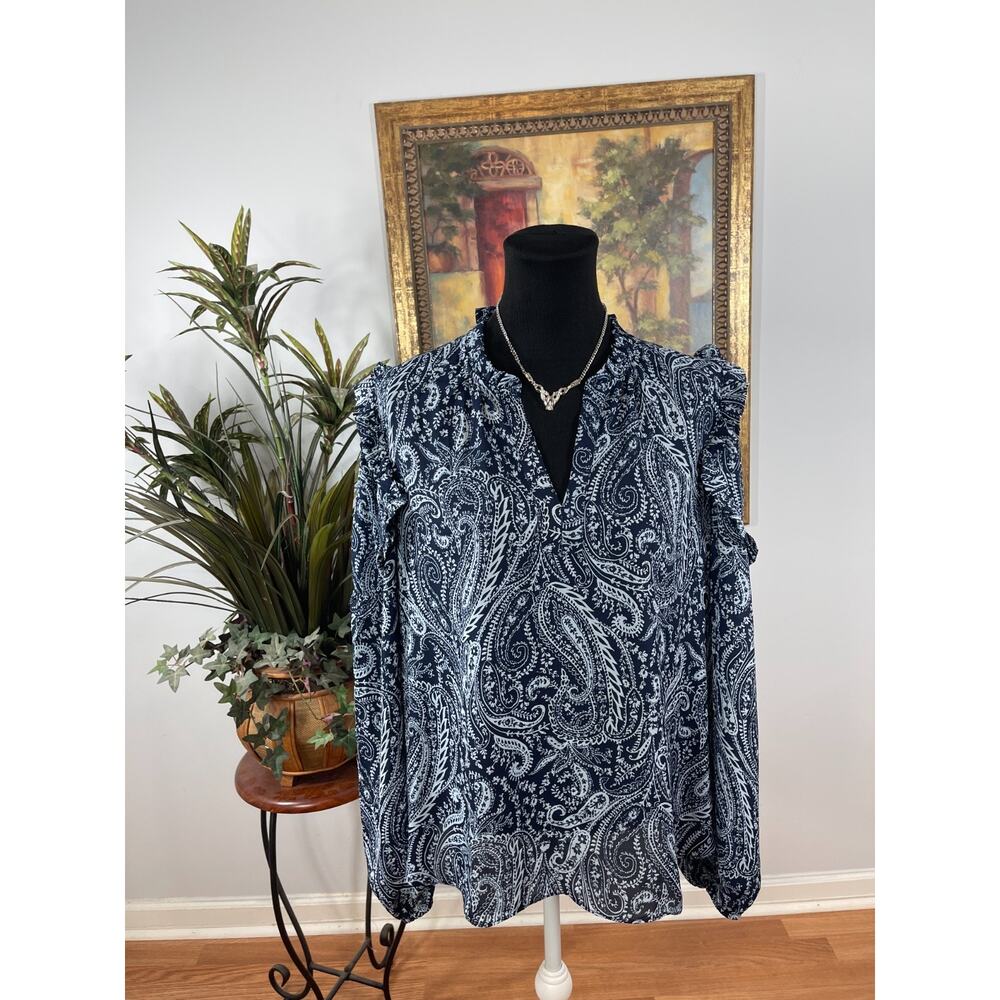 Tamara H. Tunic Top Womens Large Navy White Paisley Print Sophisticated Romantic